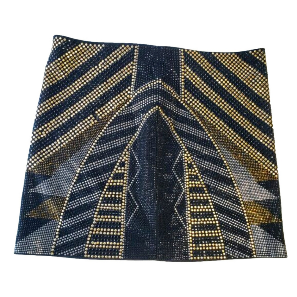 Art Deco Black Silver Gold Beaded Metal Studded FATE Boho Mini Skirt